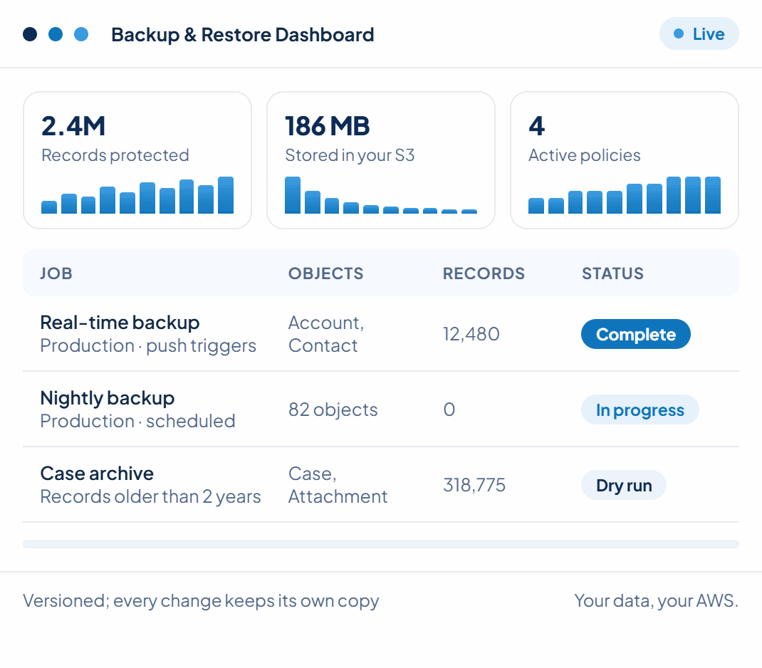The 360 DataCraft backup and restore dashboard: job history with object and record counts, live status and storage used